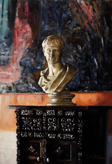 pintura de una estatuilla del emperador Trajano sobre un viejo mueble