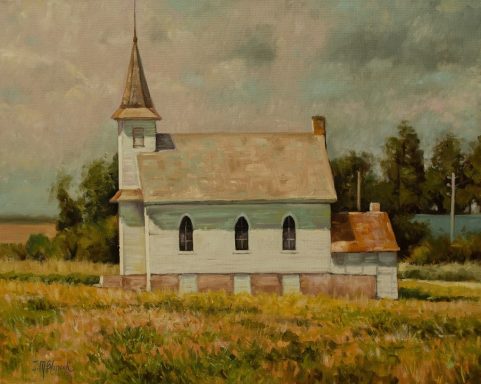 Pintura al ole de una pequena iglesia prostestante en EEUU