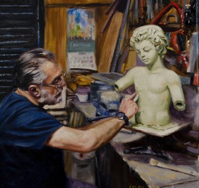 Pintura al oleo de un escultor trabajando en su estudio.