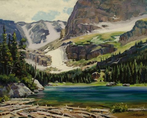 Pintura al oleo sobre un lago, montanas y glaciares en EEUU