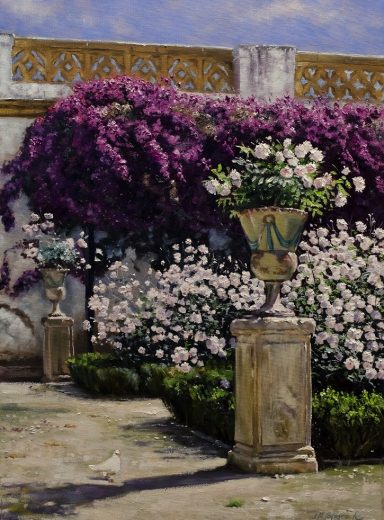Pintura de un patio sevillano con rosas y buganvillas