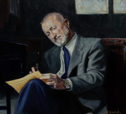 Retrato al oleo del escritor Arturo P. Reverte