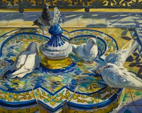 pintura de unas palomas refrescandose en una fuente de la plaza de America