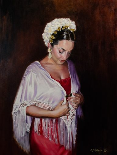 Pintura al oleo de una mujer vestida de gitana.