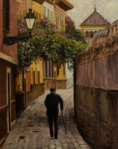 Pintura de un hombre mayor avanzando por el callejón del agua