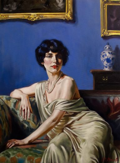 Pintura al oleo de una mujer sentada en un sofa. 