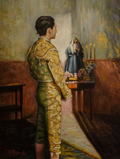 Pintura del torero Manolete rezando anted de una corrida de toros
