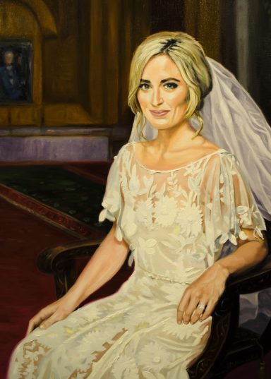 Retrato al óleo de una novia sentada en una silla