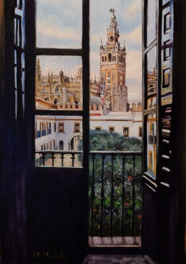 pintura de una ventana con vistas a la torre de la Giralda