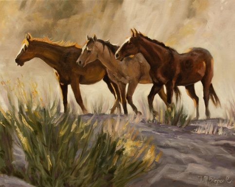 Pintura al ole de unos caballos en unas dunas.