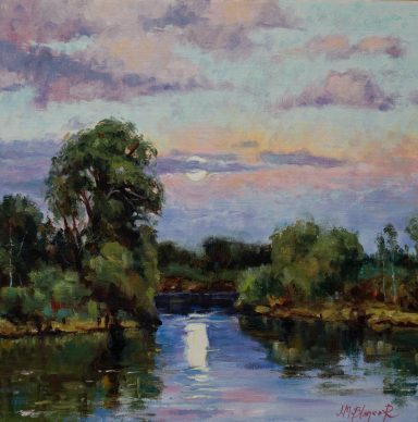 Pintura sobre un lago donde se refleja la luna que va ascendiendo.