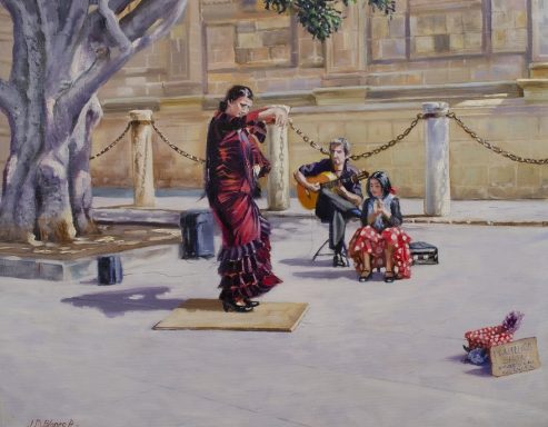 Pintura de una actuación de flamenco callejera en Sevilla.