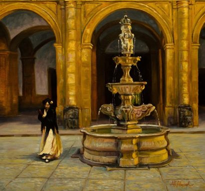 pintura imaginaria sore Carmen la cigarrera por uno de los patios de actual universidad