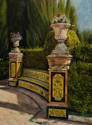 pintura de uno de los bancos de los jardines del Alcazar