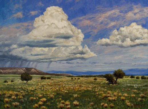 Pintura al ole sobre una tempestad que se aproxima sobre el paisaje. Nubes de gran tamano.