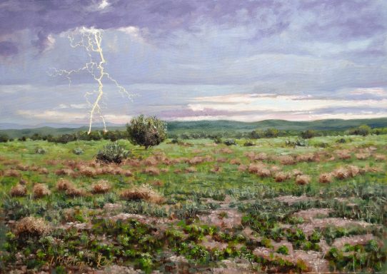Pintura al oleo de una paisaje de tormenta en Arizona. Un rayo a lo lejos cae sobre los arboles lejanos