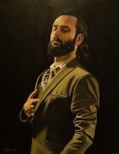 Pintura al oleo de un caballero con la mano en el pecho.