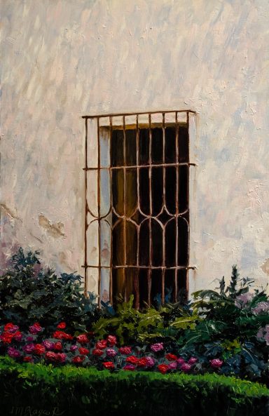 Pintura de una vieja ventaja de rejas delante de un jardin.