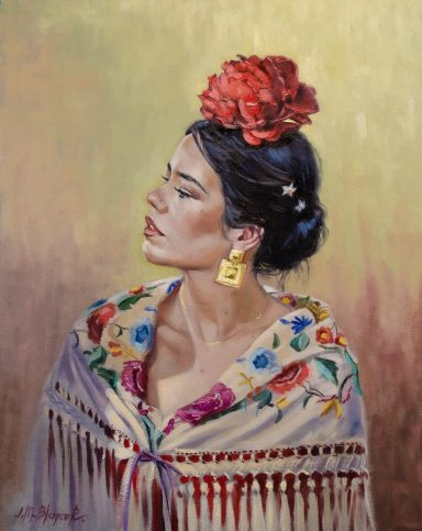 Pintura al oleo de chica vestida de gitana.