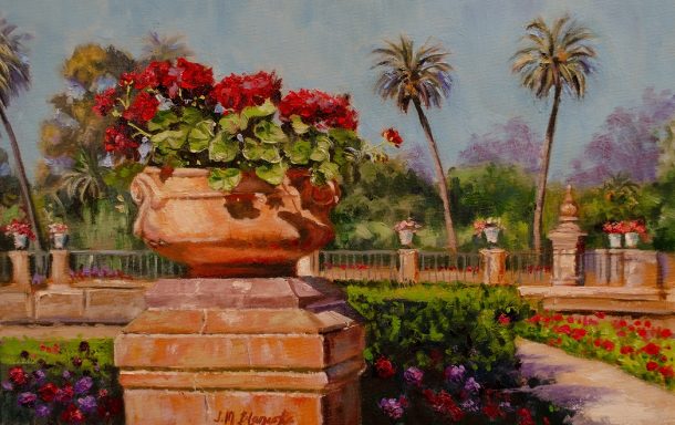 Pintura de una maceta con geranios del parque de Maria Luisa